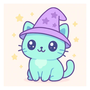 magical cat, kawaii style, wizard hat, starry background sticker