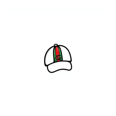 hand-drawn doodle of a Gucci cap with signature green and red stripes and logo sticker