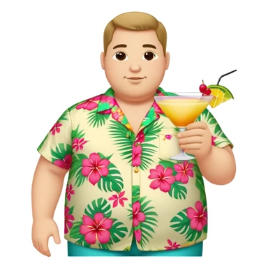 chubby guy full figure in a flowered hawai shirt holding a cocktail sticker