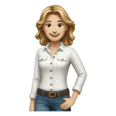 White girl with medium length light brown hair in denim jeans and white shirt smiles sticker