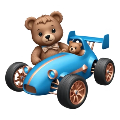 dark crystal blue and rosegold-accented rc racing car driven by a small cute fearless teddy business bear with rear spoiler, roll bar, and wheely bar sticker
