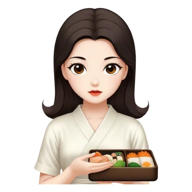 Beautiful woman in 1950’s woman fashion look, white dress, long dark brown hair, Japanese bento sticker