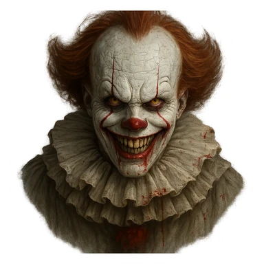 Creepy clown inspired by Pennywise, scary smile, subtle blood details, horror theme, unsettling sticker