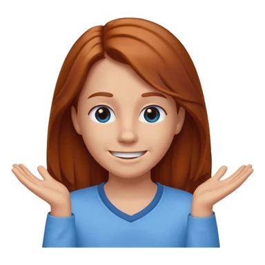 shrugging happy emoji tween long auburn hair light blue shirt with a darker blue L sticker
