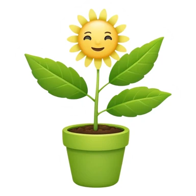 Create a cute, minimal flat emoji of a healthy green plant growing happily under the bright sun. Bright yellow sun above, vibrant green leaves, strong stem, small flowers optional, vector style, simple white background, cheerful and uplifting. sticker