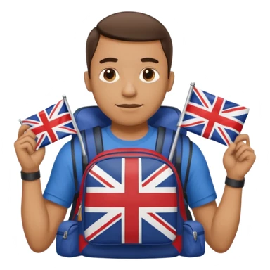 A guy with a backpack and a Union Jack on his T-shirt holds the Union Jack. sticker