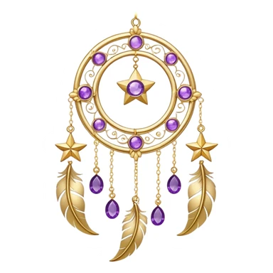 Epic beautiful gorgeous cute gold suncatcher, threads with shiny sparkly amethyst gemstones, flowers, crescents-moons, stars, gold Feathers  sticker