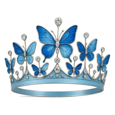 butterfly crown with a sky blue base, butterflies in various blue enamel shades, sparkling gems sticker