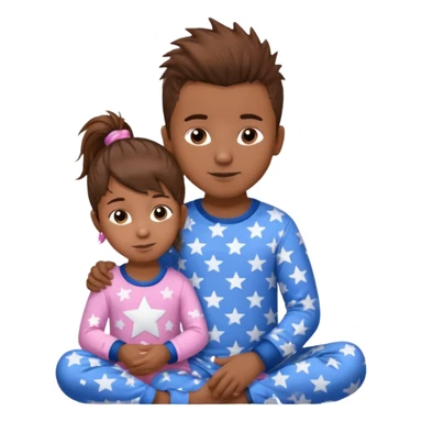 4 year old brown spikey haired boy with blue pajamas with stars on them and a 1 year old brown haired pony tail girl with pink pajamas, and stars on them sticker