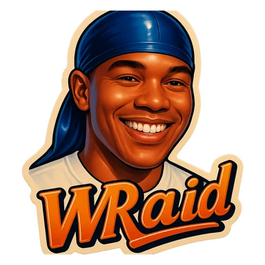Smiling no teeth
make his shirt white
Change His durag To BLUE
Make it say "  W Raid " sticker