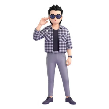Satoru Gojo from Jujutsu Kaisen with spiky black hair, wearing black and white checkered shirt, black pants, confident expression, sunglasses on top of head sticker