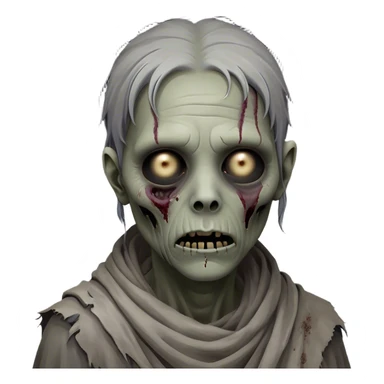 Cinematic Noble Zombie Portrait Emoji, Surprisingly dignified and somber, with a decaying yet strangely regal visage in ashen grays and muted tones, draped in tattered attire hinting at a lost grandeur, simplified yet meticulously detailed, glowing with a soft, eerie radiance and a gentle outline that evokes the tragic nobility of the undead! sticker