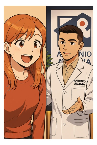 su questo stile fai un manga/webtoon a colori in cui C'è UNA STRISCIA CON FOCUS SUL VOLTO DELLA donna CON ESPRESSIONE DI STUPORE CHE ESCLAMA UNA COSA FELICE, MENTRE NELLA STRISCIA A DESTRA SI VEDE, l'uomo della foto in stile manga LE SPIEGA CHE DEVE PROVARE LA SUA VALUTAZIONE MEDICA, mantieni un ambiente simile alla foto che ho allegato con il suo logo (sarebbe il suo studio, lui è un kinesiologo), scrivigli "ANTONIO ANANIA" sul camice bianco, non mettere fumetti, ma fai in modo che sembri che la donna CHIEDA E  l'uomo RISPONDA sticker