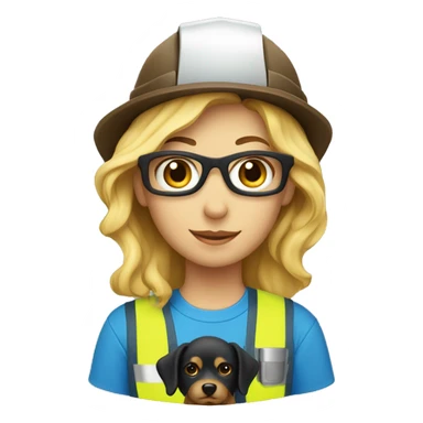 Blonde Construction worker wearing a hat and blue work wear with small black and brown curly dog  sticker