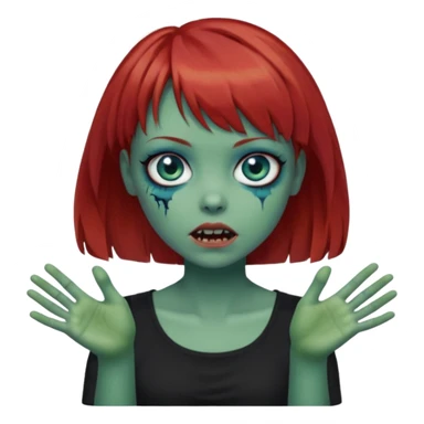 Zombie girl emoji with short red hair and bangs. Blue eyes, green skin, and a black top Her hair is slightly wavy and she has her hands outstretched in front of her.  sticker