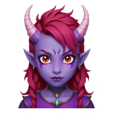 Demon Girl Purple Skin Dragon Horns Black Eyes Red Glowing Pupils Auburn Haired Red Shirt  sticker