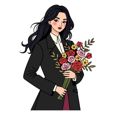 beautiful girl with long black hair wearing a black coat holding a bouquet of flowers sticker