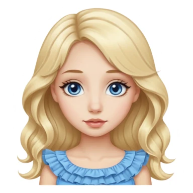 Beautiful Emoji girl with close-set blue eyes and eyeliner on them, long wide nose, wide not very full lips, oval face shape, long blonde hair in cute ruffle top sticker