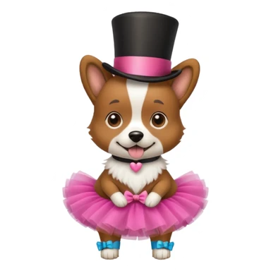 Dog wearing a tutu with a top hat sticker