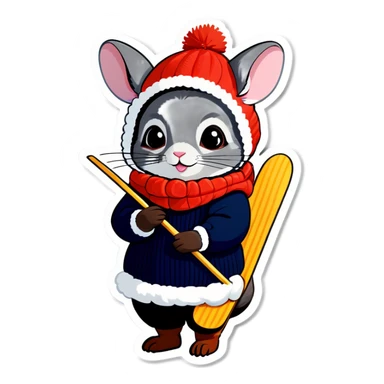Cute girl chinchilla knitting wearing snow skis sticker