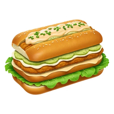 schnitzel sandwich: an oblong roll topped with a schnitzel, placed on a lettuce leaf, drizzled with remoulade, no cheese or other ingredients sticker