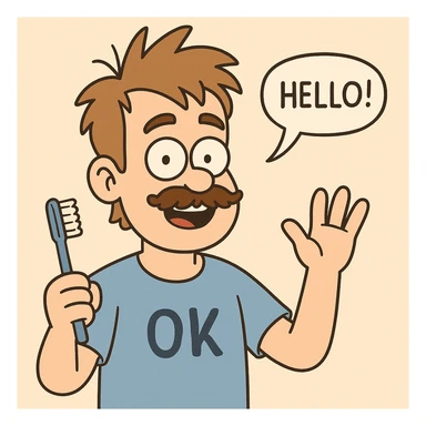 A boy brown mustache Toothbrush Bed Head hair blue ok t-shirt Ivan say hello sticker