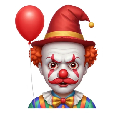 Angry clown — furrowed brow, mustache, tiny hat, hold red balloon sticker