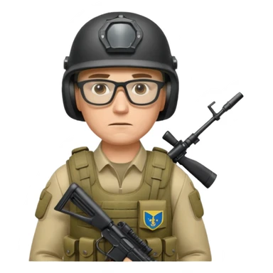Ukrainian intelligance agency warrior man in platecarrier with nato riffle in helmet and glasses sticker