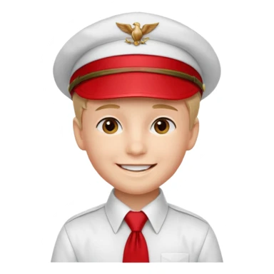 A Soviet pioneer emoji — smiling young boy wearing a white shirt with a bright red pioneer necktie and a classic red pilotka cap. The pilotka cap should fit closely to the head, without brims or side flaps, slightly folded at the top. not a cowboy hat. Flat, smooth 3D shading sticker
