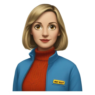 Shelly duval from the shining but I’m a blue mechanic suit and a colorful turtle neck sticker