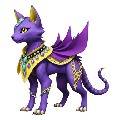 Kawaii cute Violet Yellow Black beautiful pretty elegant divine edgy feline-vernid-sergal-Fakémon-Pokémon-Digimon-fursona-animal-creature, full body, with intricate detailed markings, Embroidered capelet, Gem-studded horn ring sticker
