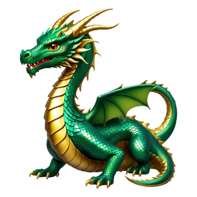 Cinematic Noble Dragon Portrait Emoji, Poised and majestic, with a sinuous, elongated body covered in intricately detailed, shimmering scales in hues of emerald and gold, and piercing, fiery eyes that reflect ancient wisdom; rendered with lifelike texture and natural highlights, high shine, intelligent and formidable, styled with an aura of mythic power, focused and attentive, soft glowing outline, capturing the essence of a legendary dragon that appears ready to soar out of the screen with timeless authority! sticker