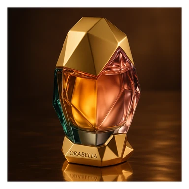 Create a cinematic, realistic 3D rendering of the Orabella fragrance bottle, matching the real design and colors, with elegant lighting and a luxury product photography style. Focus on high detail and premium presentation. sticker