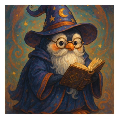 a chubby penguin wizard with glasses, a long beard, and a spellbook, fantasy illustration style sticker