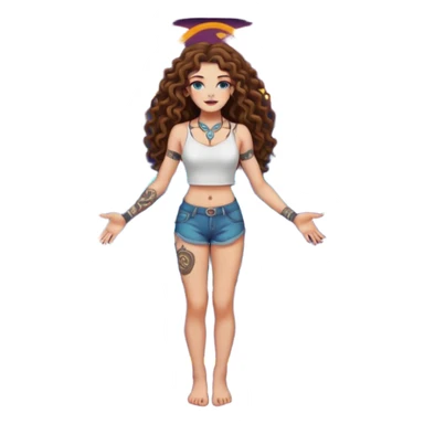 full body view of a woman with long curly brown hair, brown eyes, white skin, tattoos, standing in a magic circle on the ground, neon symbols around her feet sticker