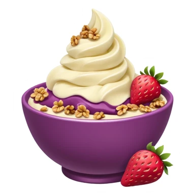 acai purple soft serve in a bowl strawberries and granola and chopped banana sticker