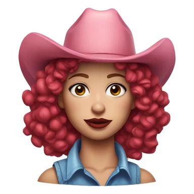 Woman with curly wine red hair and pale face makeup on, red lips, blue eyeshadow, and a pink cowboy hat on sticker