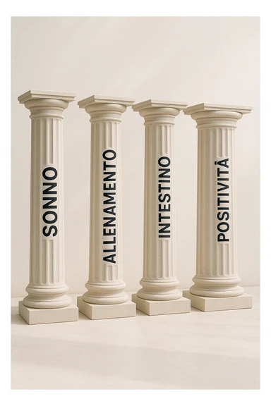 5 pilastri con le scritte "SONNO", "DIGIUNO", "ALLENAMENTO", "INTESTINO", "POSITIVITà" IMMAGINE IPERREALISTICA SFONDO CHIARO IN ITALIANO sticker