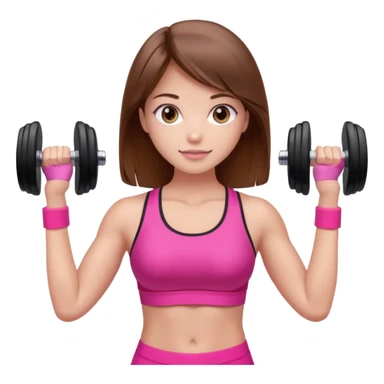 beautiful girl with brown hairs in sport wear in her hands is dumbbells her skin was light and hairs too and her sport wear was pink  sticker