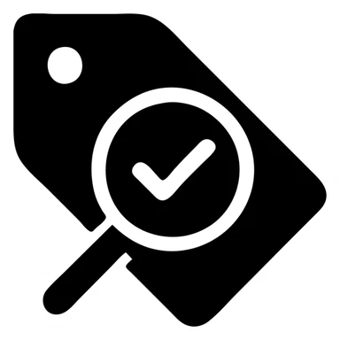 icon of a product tag with a magnifying glass and a checkmark sticker