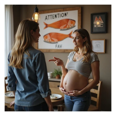 realistic pregnant woman in 4K pointing to a sign that says: 'Attention, consuming raw salmon may pose risks during pregnancy' to a friend sticker