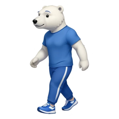 muscular friendly anthropomorphised polar bear walking confidently, wearing a royal blue t-shirt, black pants, and white trainers sticker