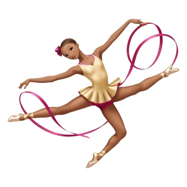 A graceful rhythmic gymnast performing with a flowing ribbon, executing an elegant leap mid-air. The pose exudes flexibility, balance, and artistry. The background suggests a competition arena with soft lighting, emphasizing movement, precision, and the beauty of the sport. sticker
