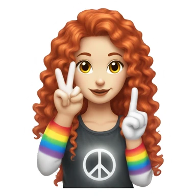 a white girl with long red curly hair in a pony tail with rainbow shirt does peace sign wearing cat ears one black other white sticker