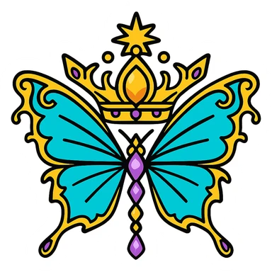 Keep the butterfly and crown design exactly as in the original image, but change the main color to a bright cyan. Preserve all gold details on the sides and crown, and keep the shape, style, and details identical to the original. Output must be PNG with transparent background, suitable for a Discord role icon. sticker
