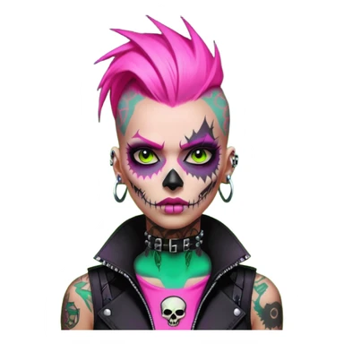 Cyberpunk female punk, pink mohawk, skull face tattoos, bionic neck, aggressive expression, neon green lighting sticker