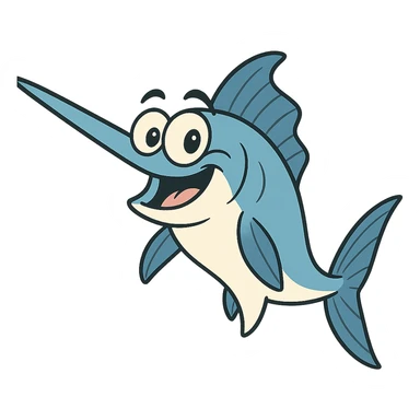 cartoon style swordfish with big eyes, playful expression, bright blue and white colors sticker