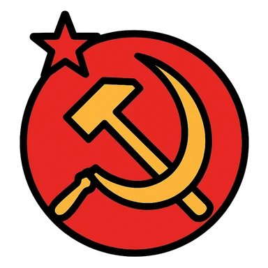 Soviet Union sign, hammer and sickle, bold red and gold, iconic, simple, flat graphic style, no text sticker