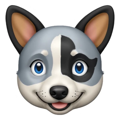 black, grey, and white blue heeler dog, emoji style, head only, smiling, cartoonish features sticker