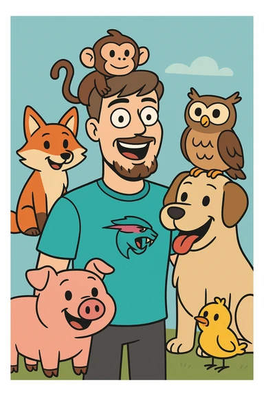 MrBeast with animal friends, surrounded by cartoon animals, friendly and fun, bright colors sticker